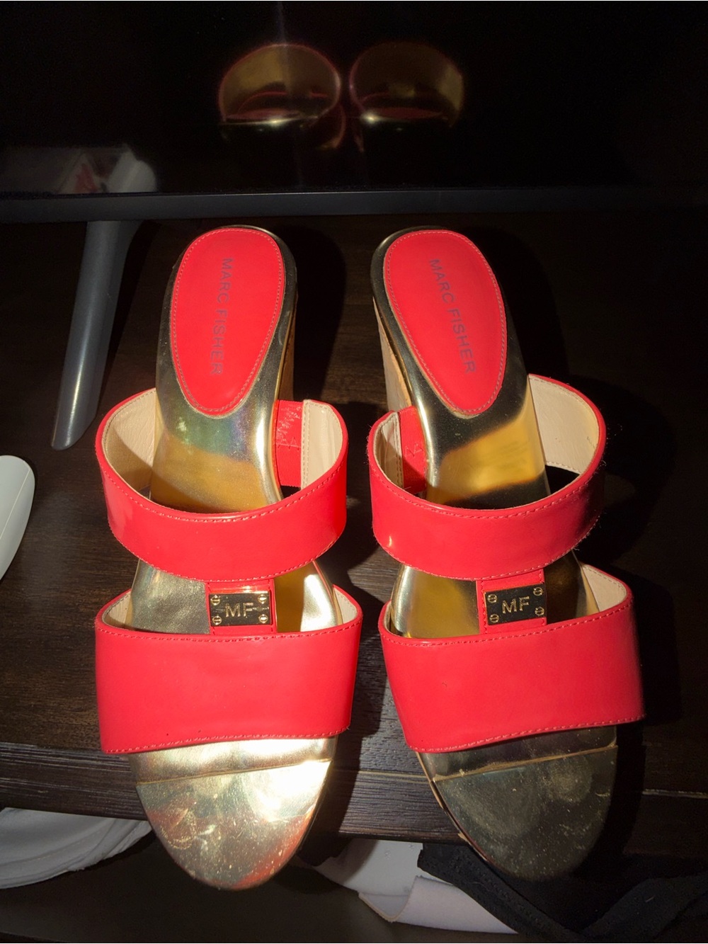 Marc Fisher Coral-Red Two-Band Slide Sandal with Gold Insole